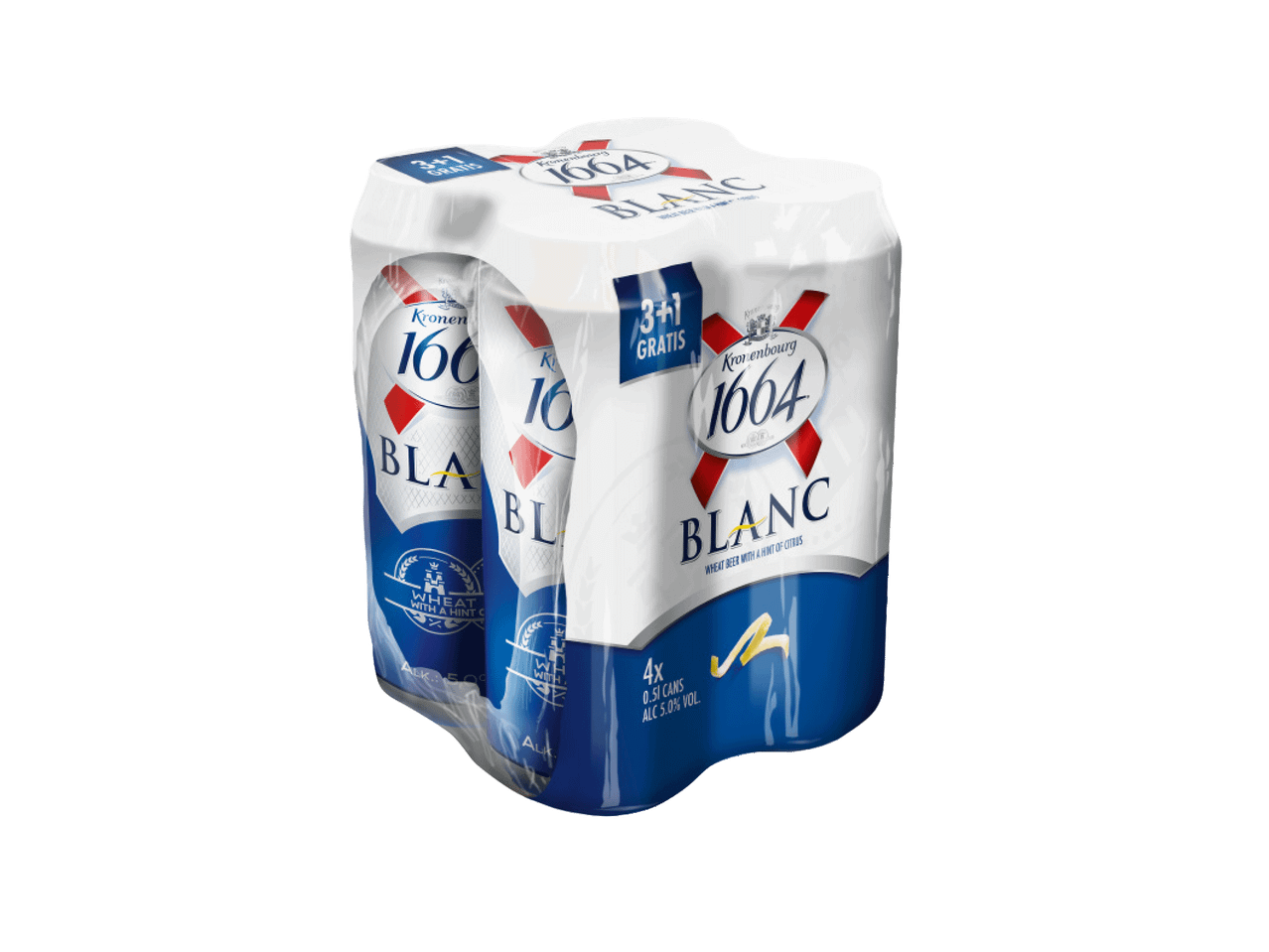 Pakovanje od četiri limenke pšeničnog piva sa natpisom '3+1 GRATIS'.