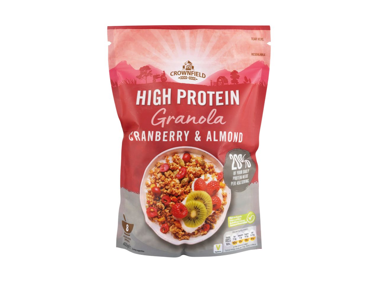 High protein cranberry and almond granola in a resealable pouch.