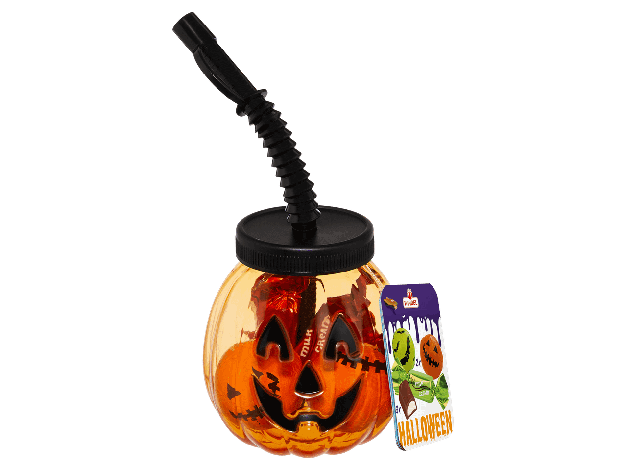 Tök formájú szívószálas pohár halloween-i édességekkel.