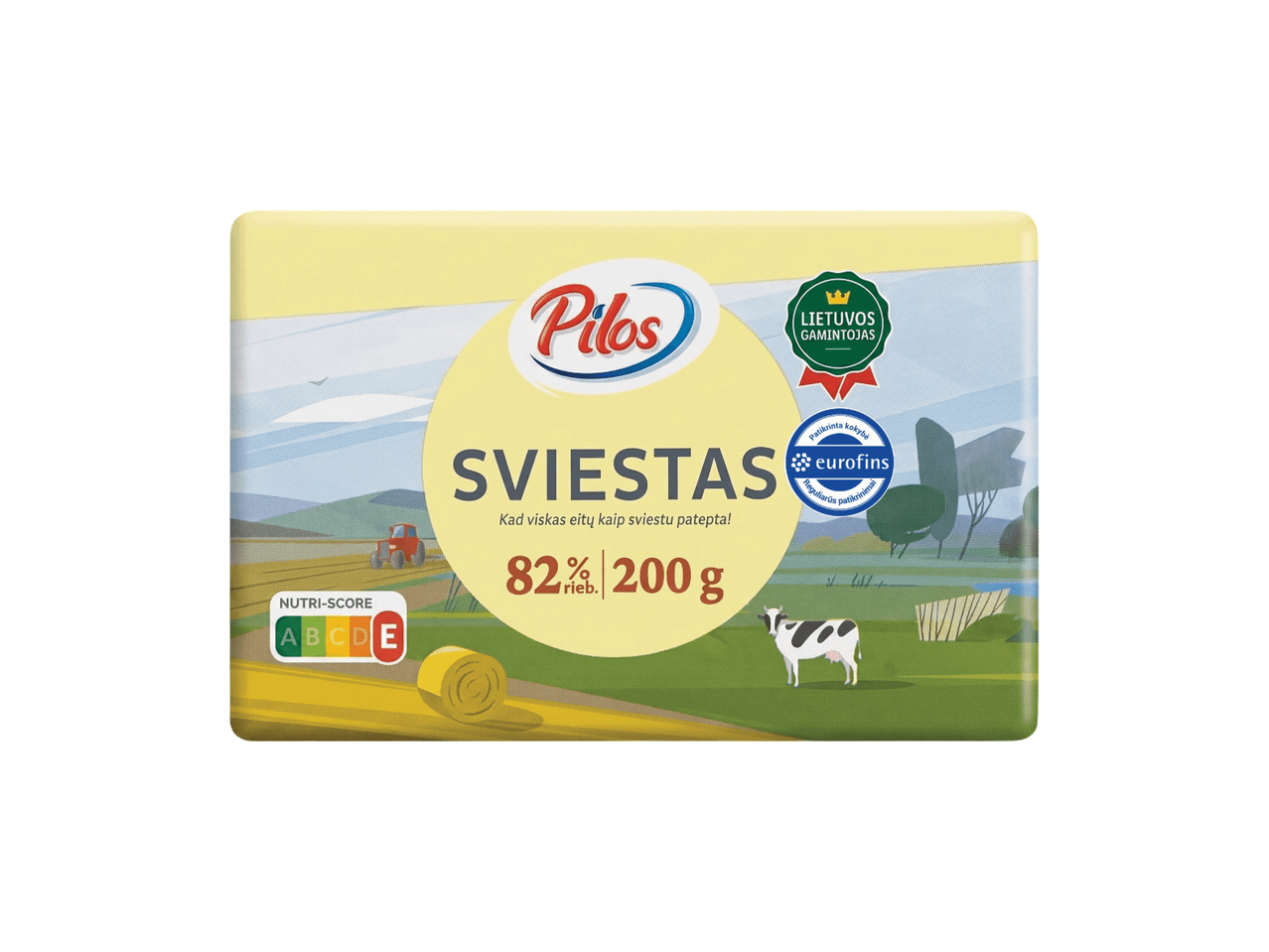 Sviesto pakuotė su 82% riebumo ir 200g svorio, su Nutri-Score E ženklu ir kaimo peizažu.