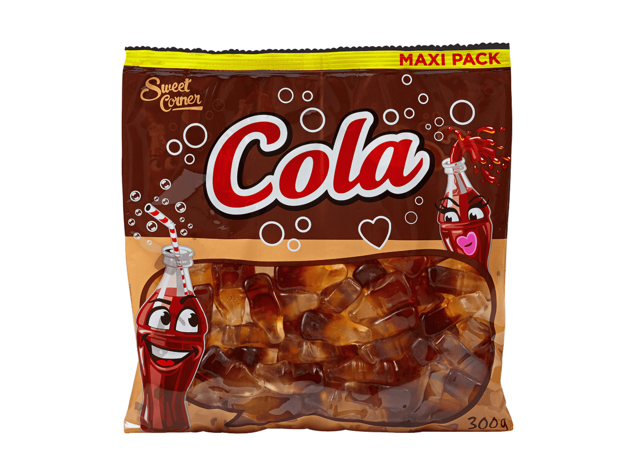 Sachet de bonbons gélifiés en forme de bouteille de cola, avec l'inscription 'Cola'.