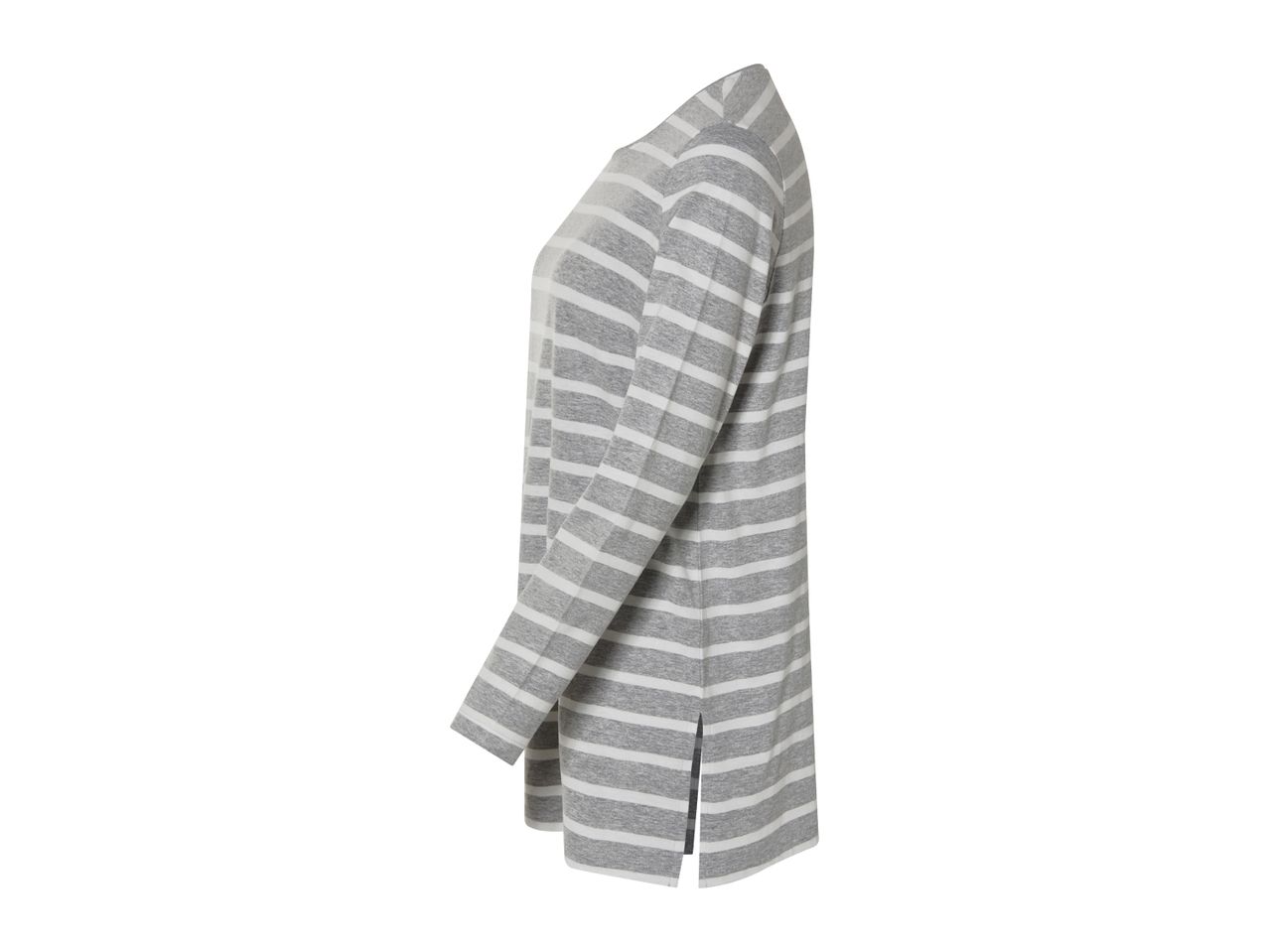 Gray and white striped long-sleeve tunic shirt with side slits.