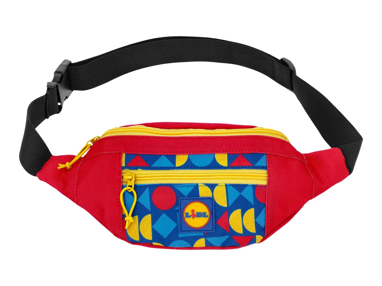 Red fanny pack with a colorful geometric pattern, yellow zippers, and a black adjustable strap.