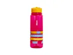 Pink plastic water bottle with yellow lid and striped design.