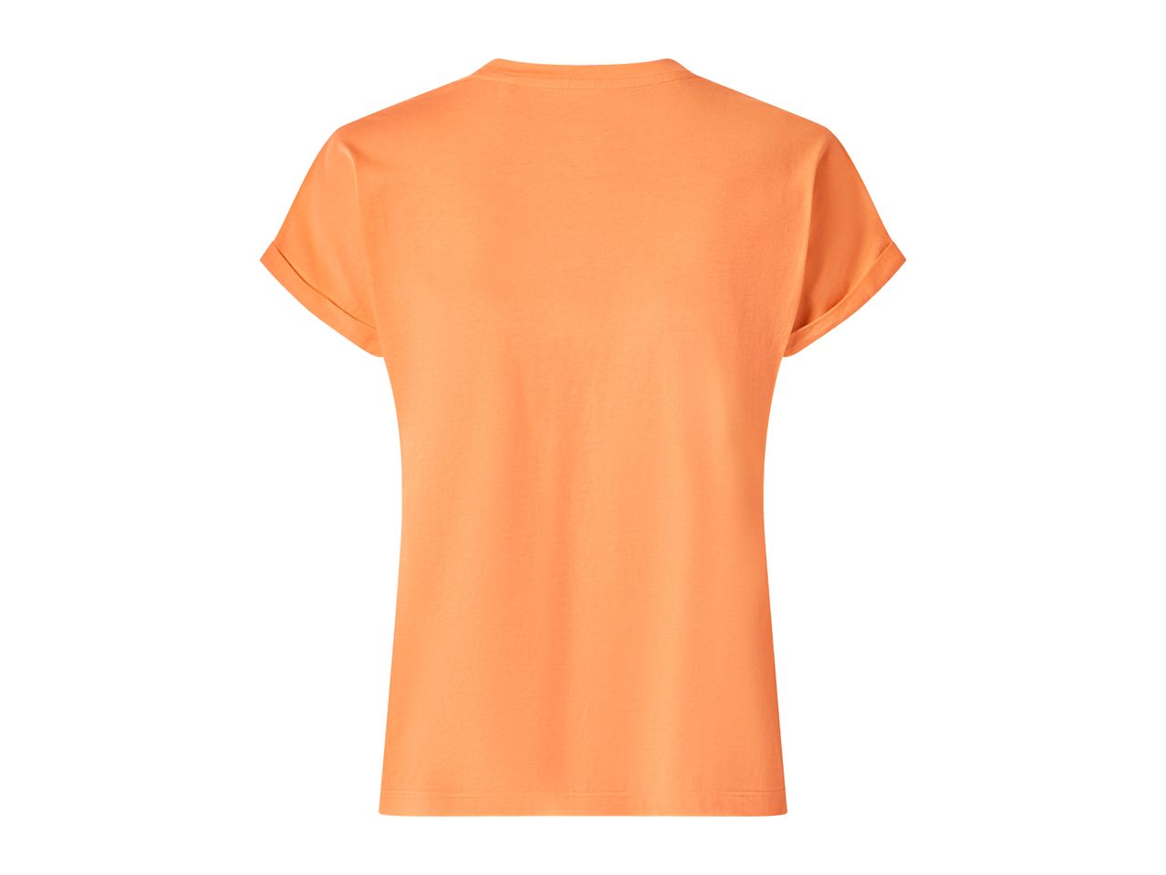 Back view of a plain orange women's t-shirt with rolled-up sleeves.
