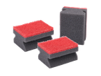 Esponjas de limpeza Dirt Devil com superfície abrasiva vermelha e base de espuma cinzenta.