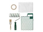 A set of painting tools including a brush, roller, paint tray grid, masking tape, and plastic sheeting.