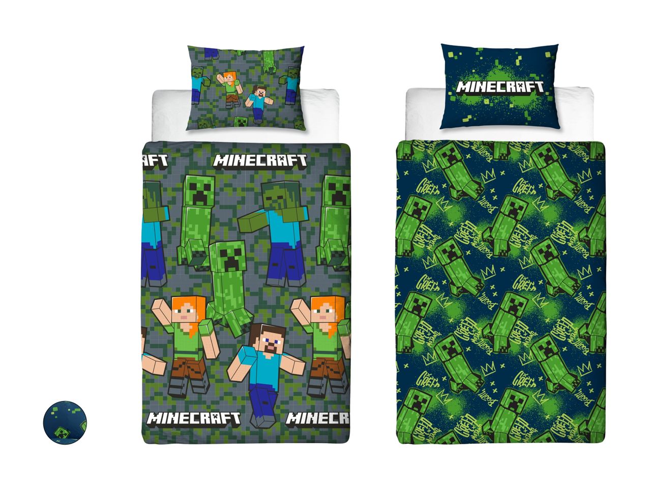 Zwei Minecraft Kinder-Bettwäsche-Sets, eines mit Pixel-Charakteren, das andere mit Creeper.