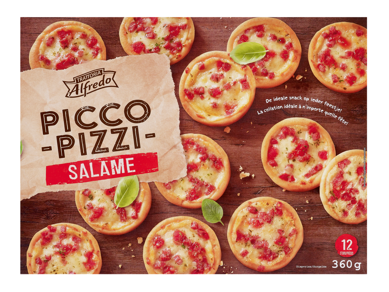 Mini-pizzas Trattoria Alfredo Picco Pizzi Salame sur fond en bois.