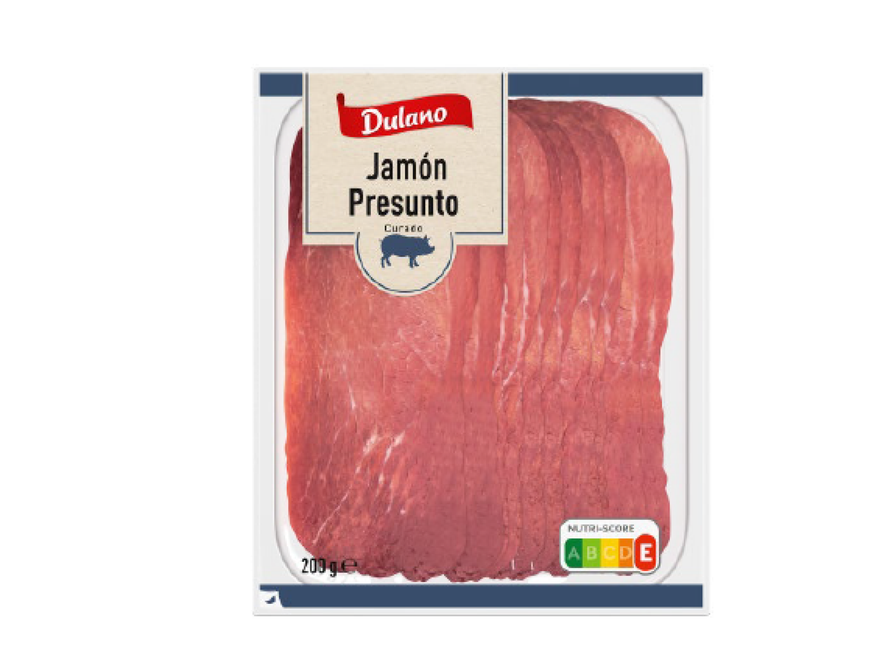 Embalagem de fiambre fatiado com rótulo de presunto curado e selo Nutri-Score.