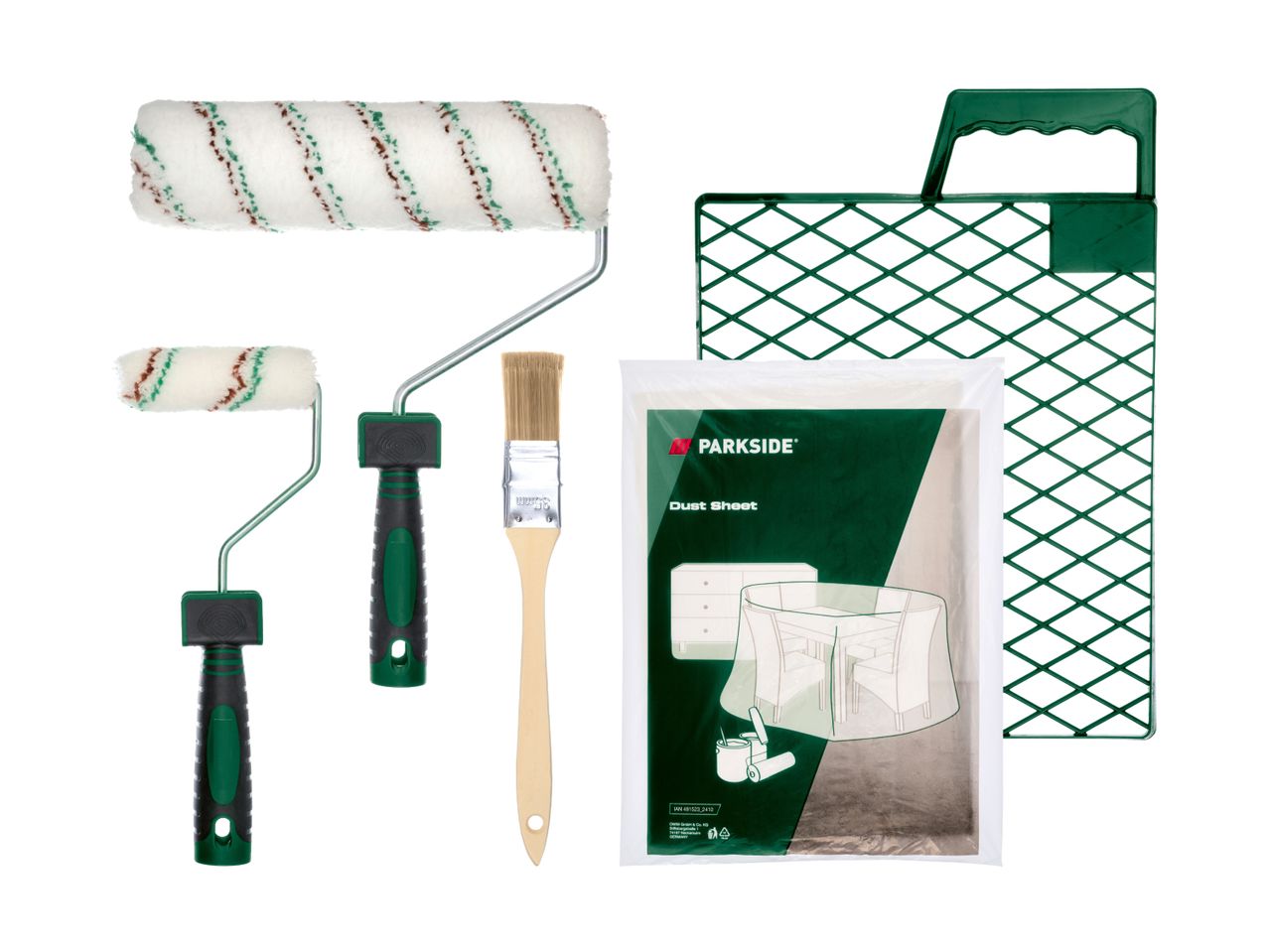 PARKSIDE paint roller set with dust sheet, brush, and paint grid.