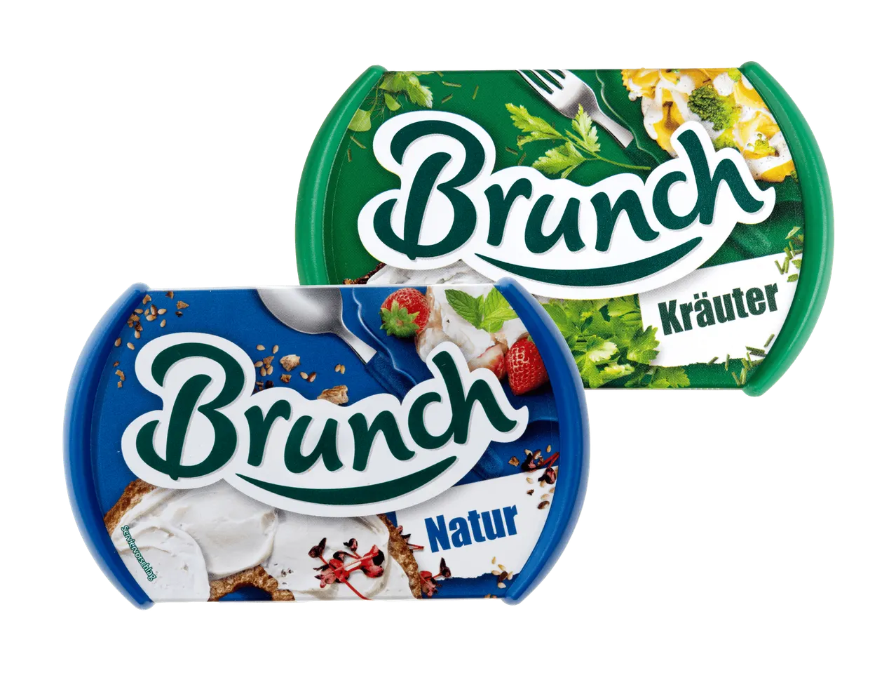 Zwei Brunch Frischkäse-Packungen: Kräuter (grün) und Natur (blau) mit Abbildungen von Speisen.