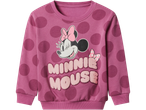 Pink long-sleeved sweatshirt with Minnie Mouse graphic and polka dots.