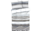 Grey and blue striped duvet cover and pillowcases.