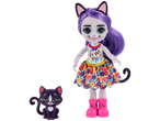Enchantimals pop met paars haar, kattenoren, bloemenjurk en een klein zwart kattenfiguur.