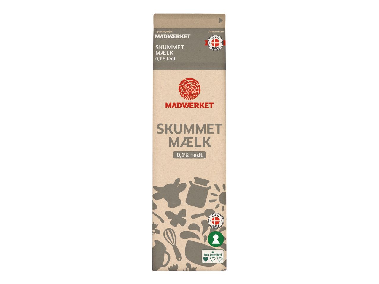 Madvaerket skummetmælk 0,1% fedt i en brun karton med dansk mælkemærke.