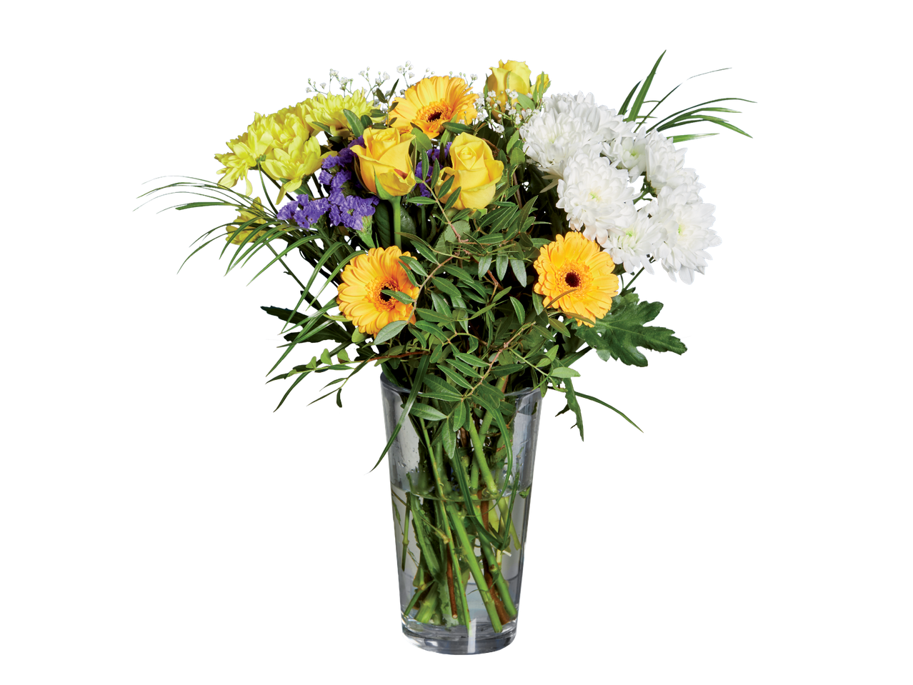 Букет от жълти рози, гербери и бели хризантеми във ваза.