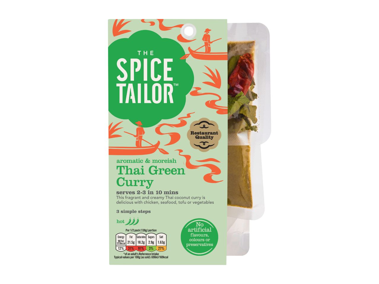 Thai green curry kit with spices and sauce, serves 2-3.