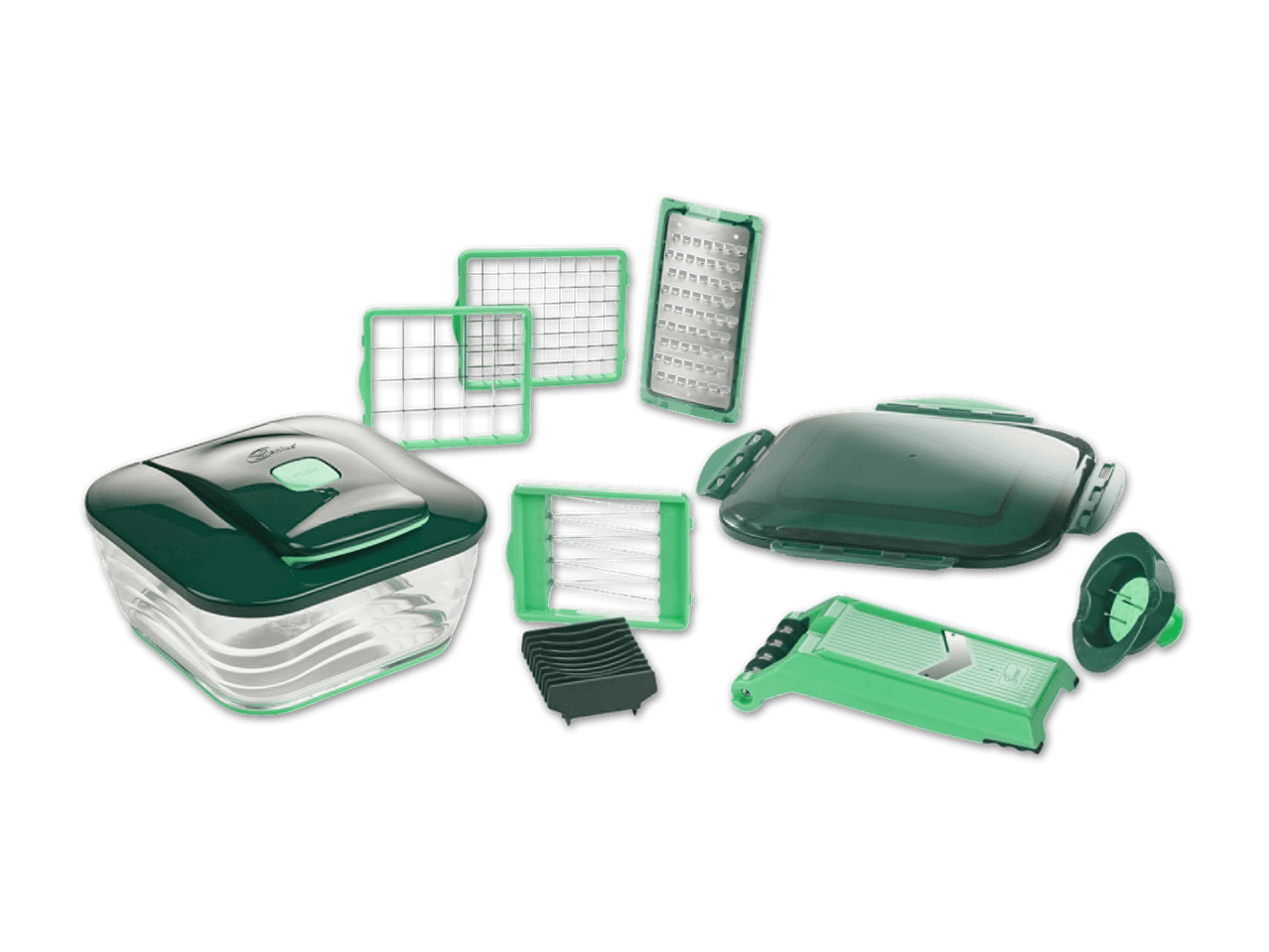Ein Set aus Küchengeräten zum Schneiden und Aufbewahren in Grün und Transparent.