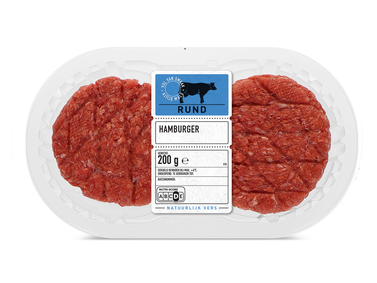 Twee rundvlees hamburgers in een plastic verpakking van 200 gram.