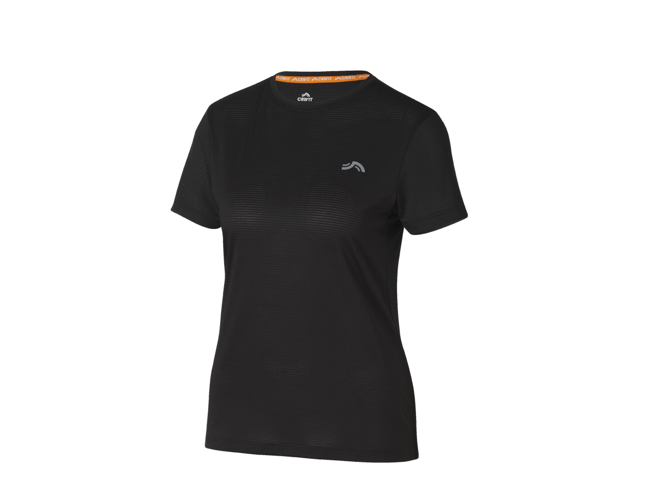 Черна дамска спортна тениска с къс ръкав и оранжева лента на врата.