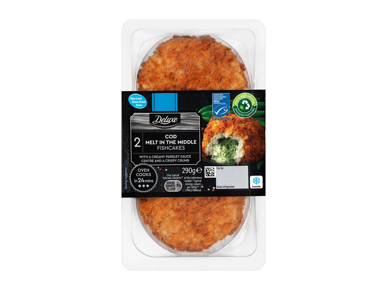 Two Deluxe cod fishcakes with creamy parsley sauce.