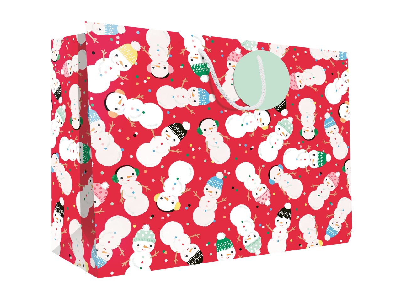 Red gift bag with a pattern of snowmen wearing colorful hats and earmuffs.