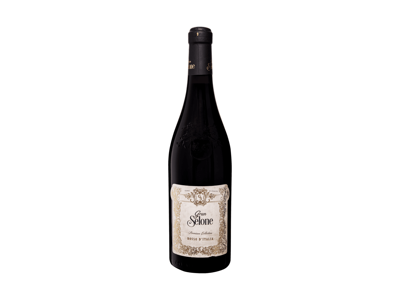 Bottiglia di vino rosso italiano con etichetta elegante su sfondo nero.