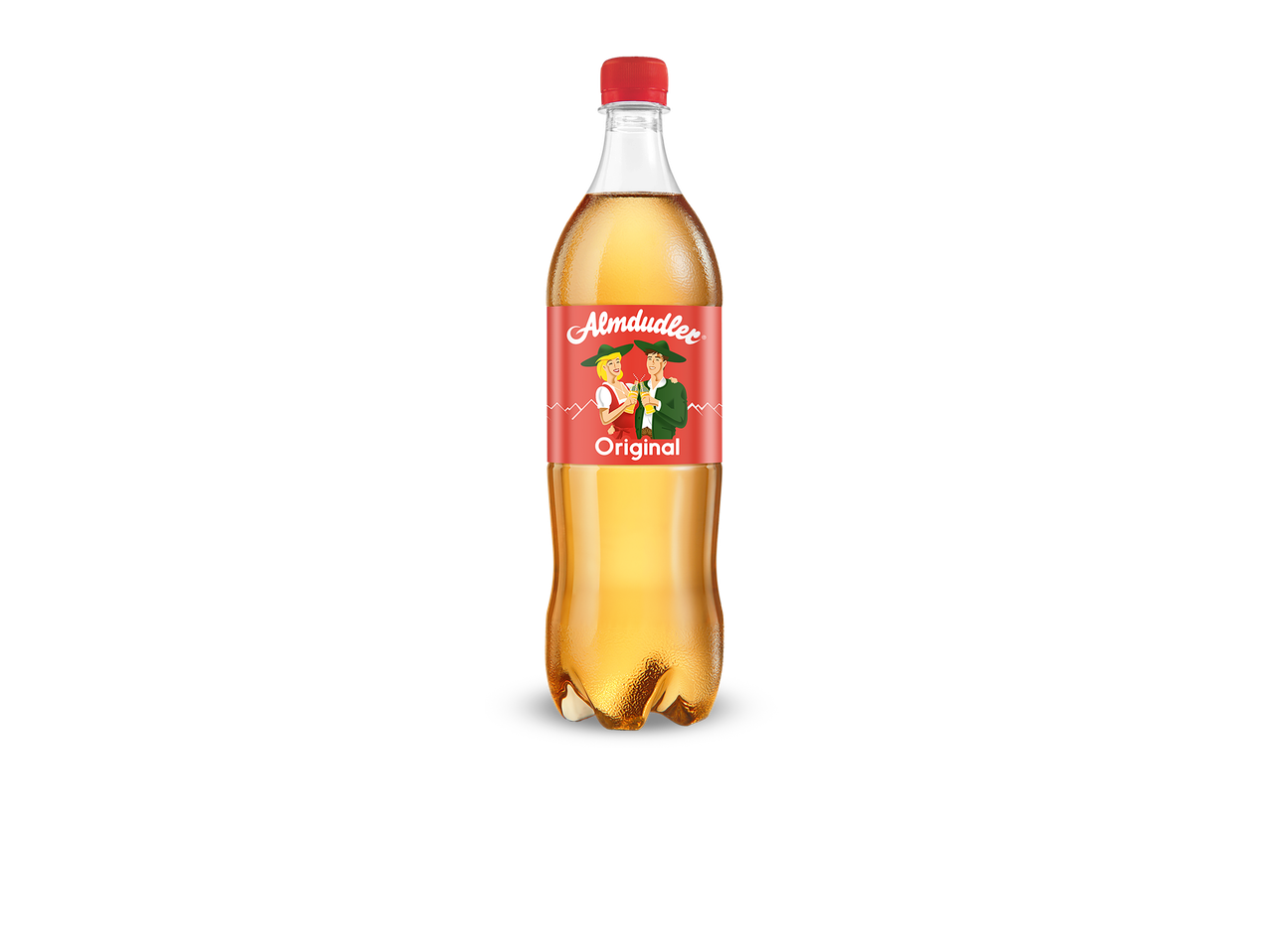 Almdudler Original frisdrankfles met een rood etiket met een man en vrouw in traditionele kleding.