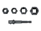 A set of five black bolt extractors and a 3/8' hex shank adapter.