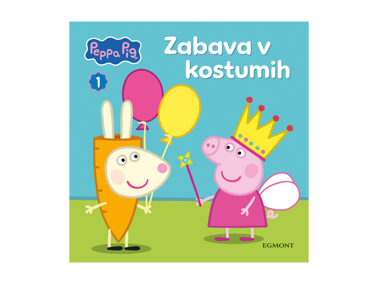 Otroška knjiga z risanimi junaki v kostumih, z naslovom 'Zabava v kostumih'.