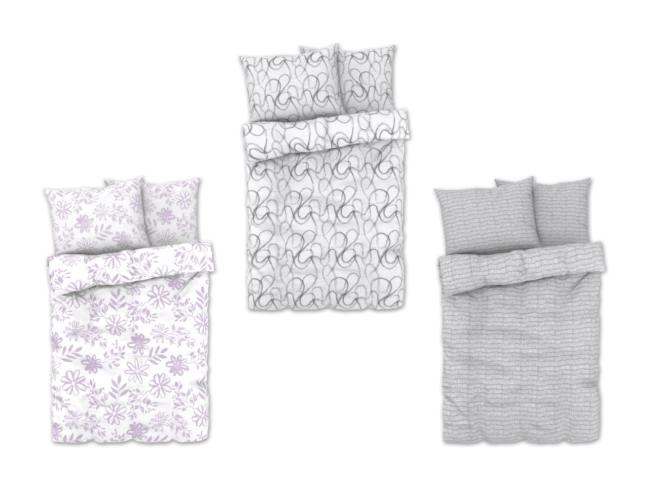 Drei verschiedene Bettwäsche-Sets mit unterschiedlichen Mustern: Blumen, Schnörkel und Streifen.