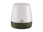 Tragbare Campinglampe mit weißem Diffusor und olivgrünem Sockel, mit Power-Taste