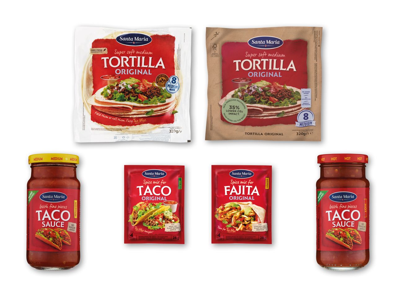 En række mexicanske madvarer, herunder tortillaer, tacosauce og krydderiblandinger.