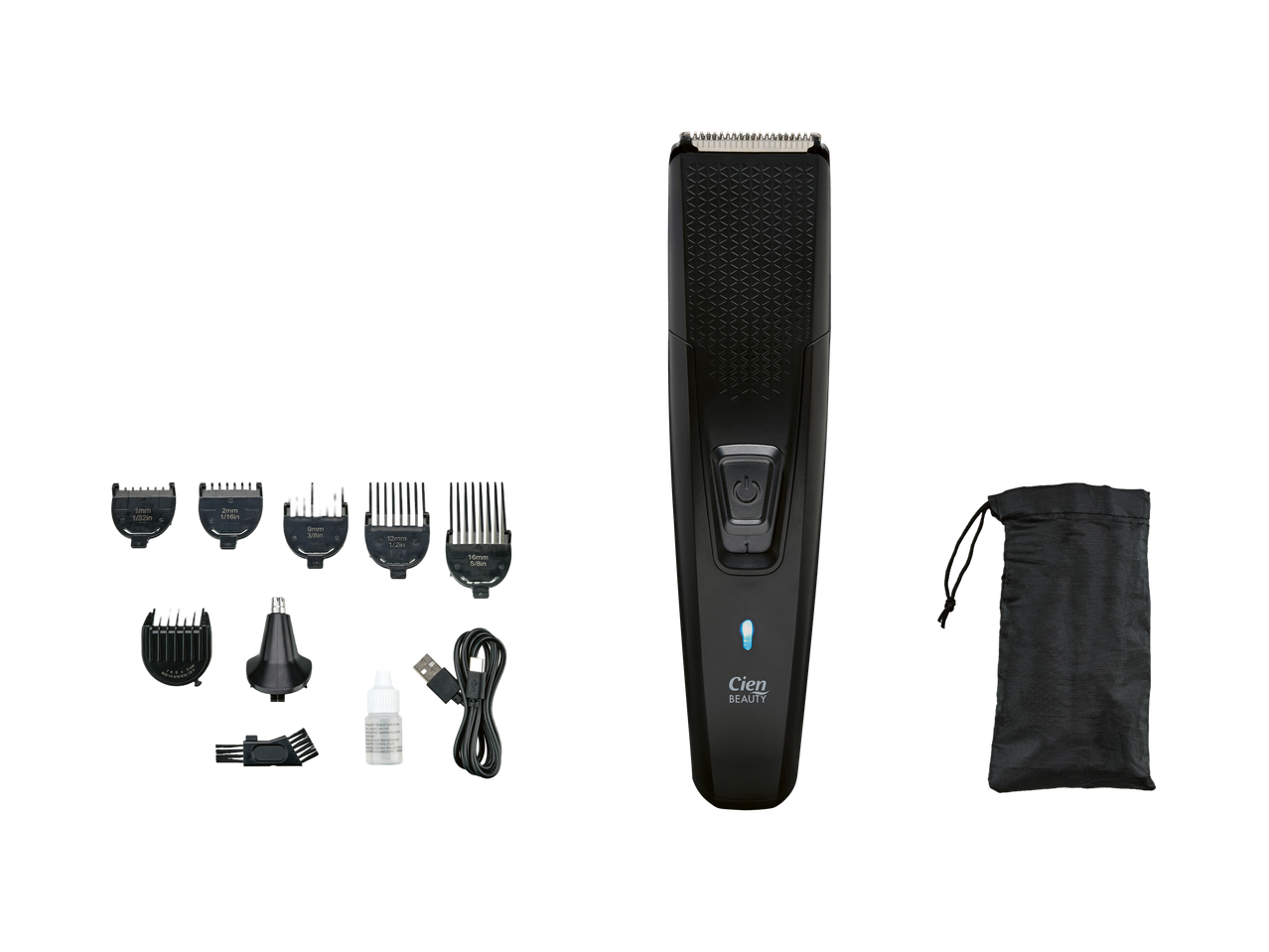 Crni trimer za bradu i kosu s raznim nastavcima, uljem, četkicom, USB kabelom i torbicom.