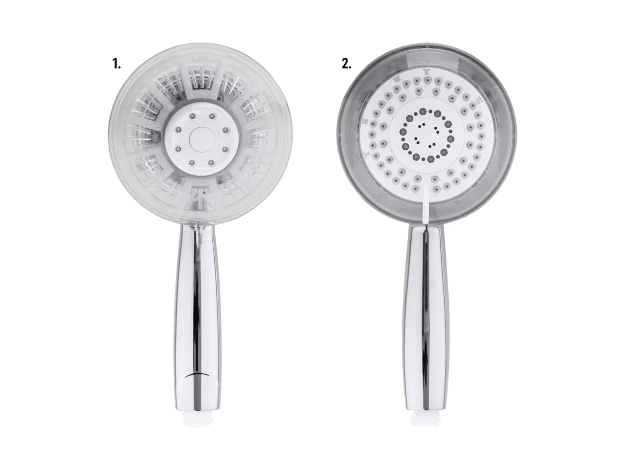 Deux pommes de douche blanches avec des têtes transparentes et des poignées chromées, montrant différentes fonctions de jet.
