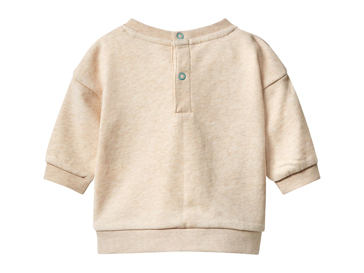 Beige long-sleeved baby sweatshirt with snap buttons on the back