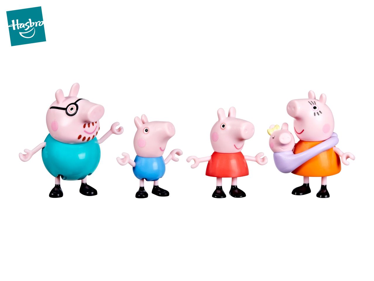 Peppa Pig family figures: Daddy Pig, George, Peppa, and Mummy Pig holding baby Alexander.