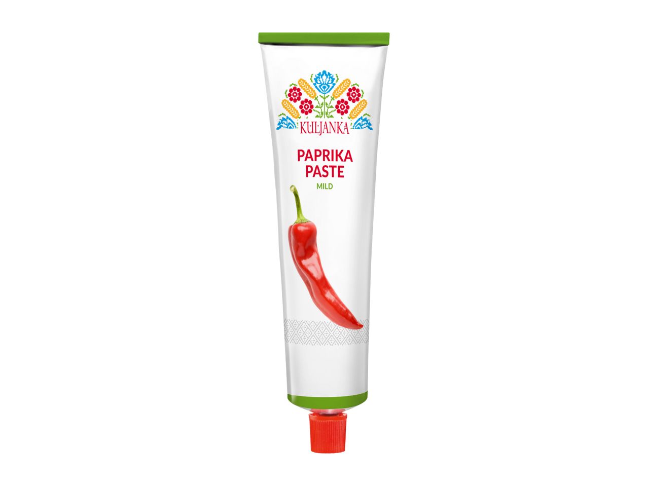 White tube of mild paprika paste with a red chili pepper and folk art design.