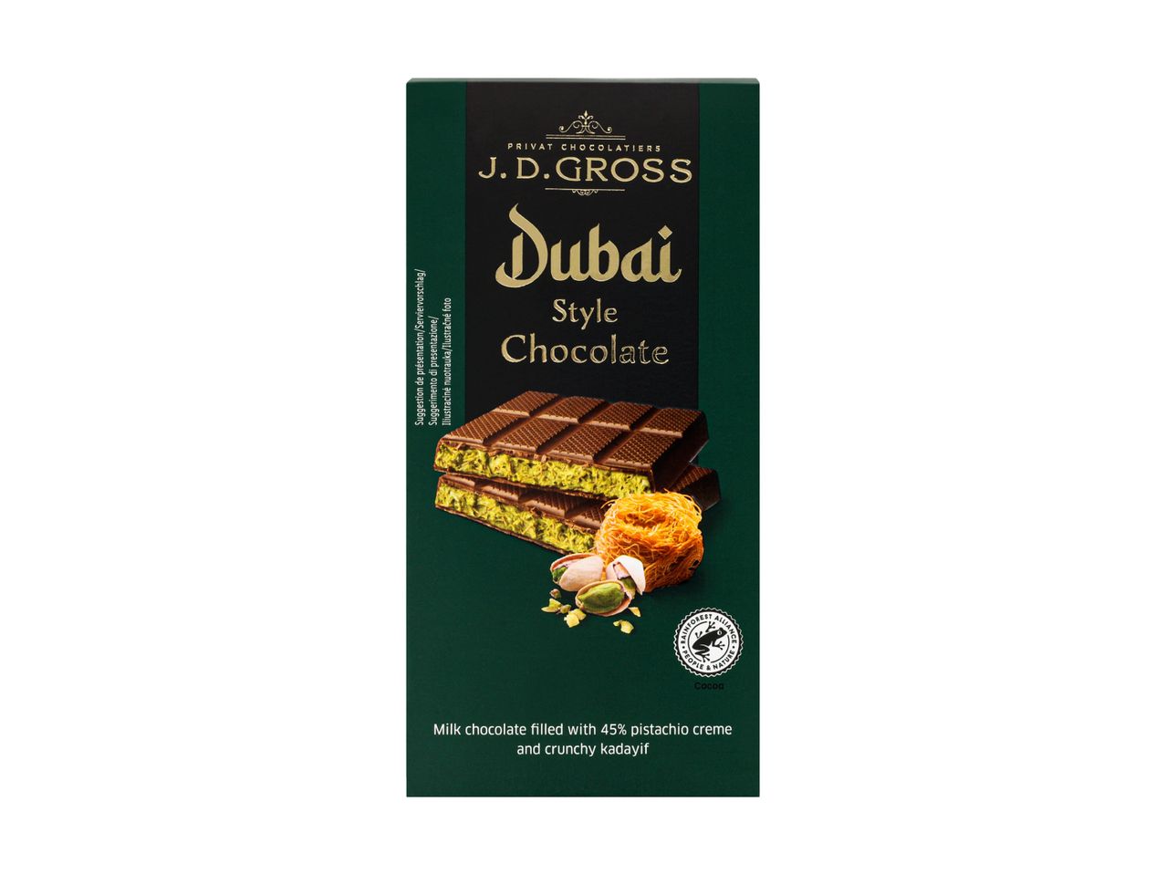 Chocolat au lait J.D. Gross style Dubaï fourré à la crème de pistache et kadayif.
