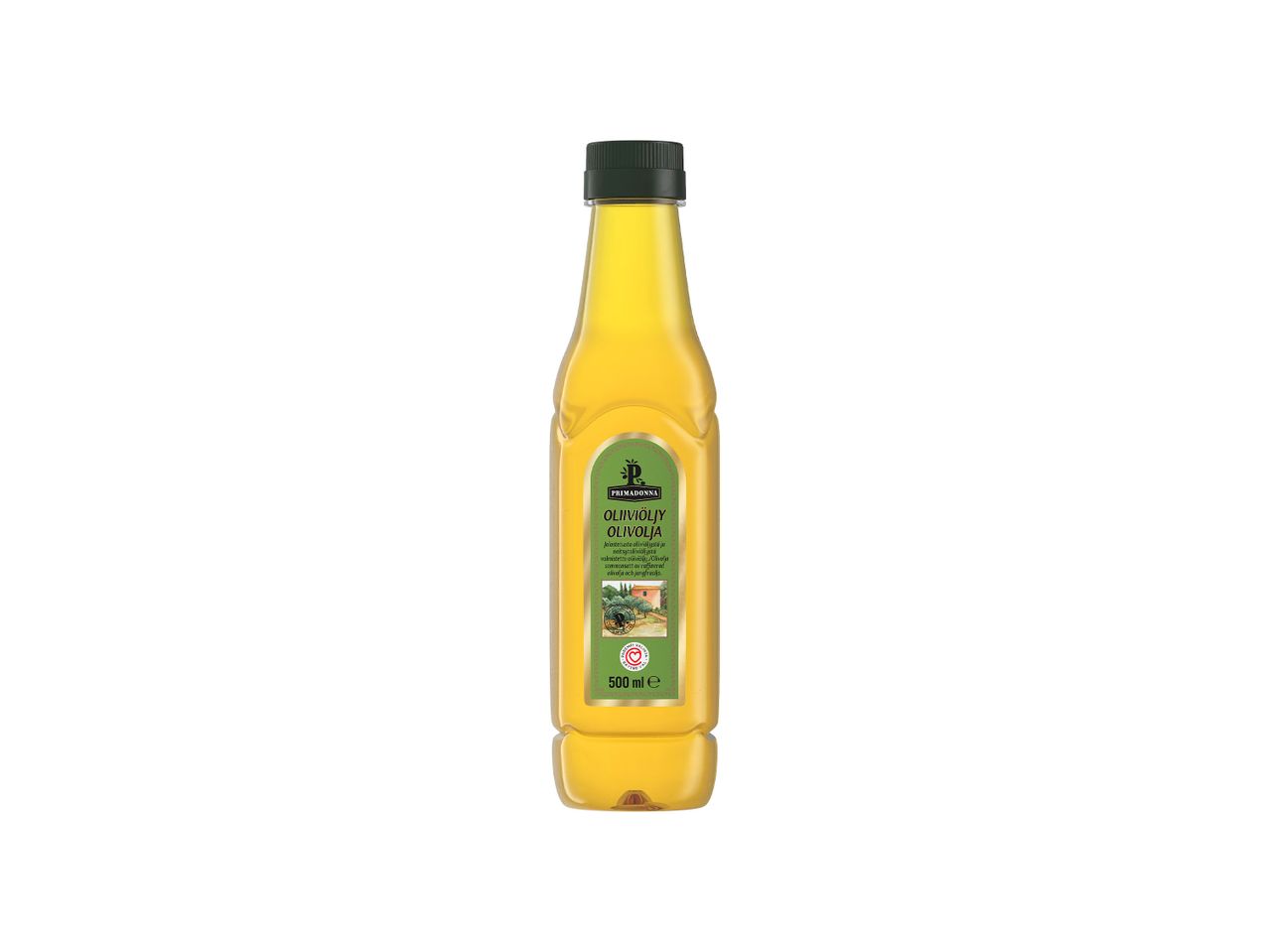 Primadonna oliiviöljyä 500 ml pullossa.