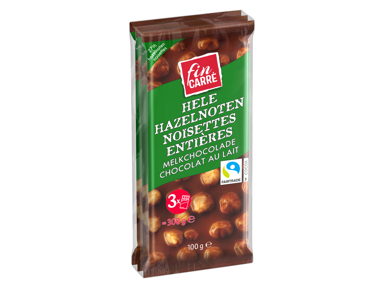 Fin Carré melkchocolade met hele hazelnoten, 3x100g verpakking.