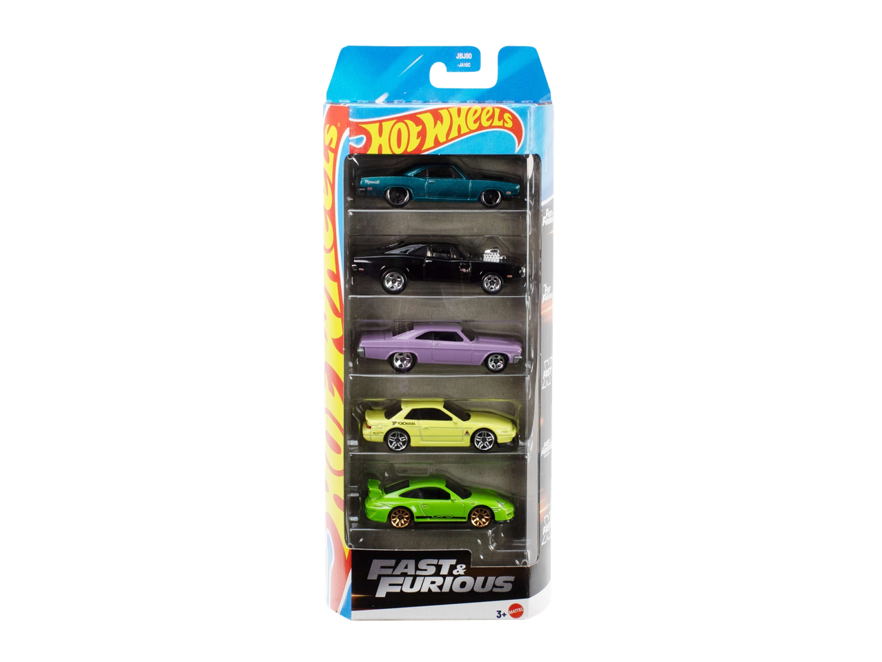 Hot Wheels Fast & Furious 5 rotaļu automašīnu komplekts iepakojumā.