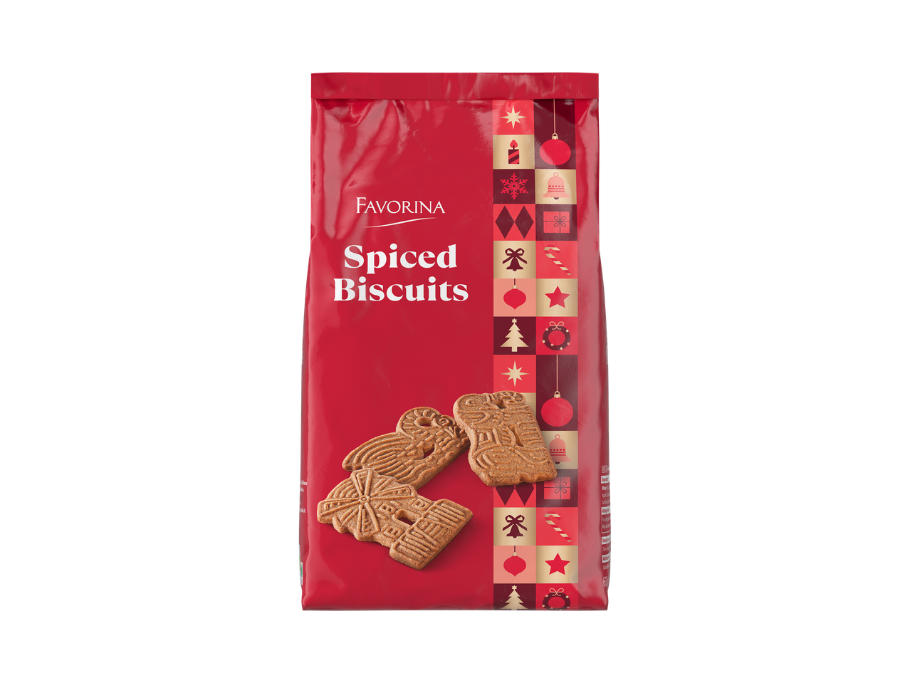 A red bag of spiced biscuits with festive Christmas illustrations.