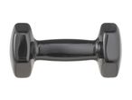 A black dumbbell with a glossy finish, isolated on a white background.