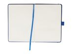 Open blank notebook with blue cover and ribbon bookmark.