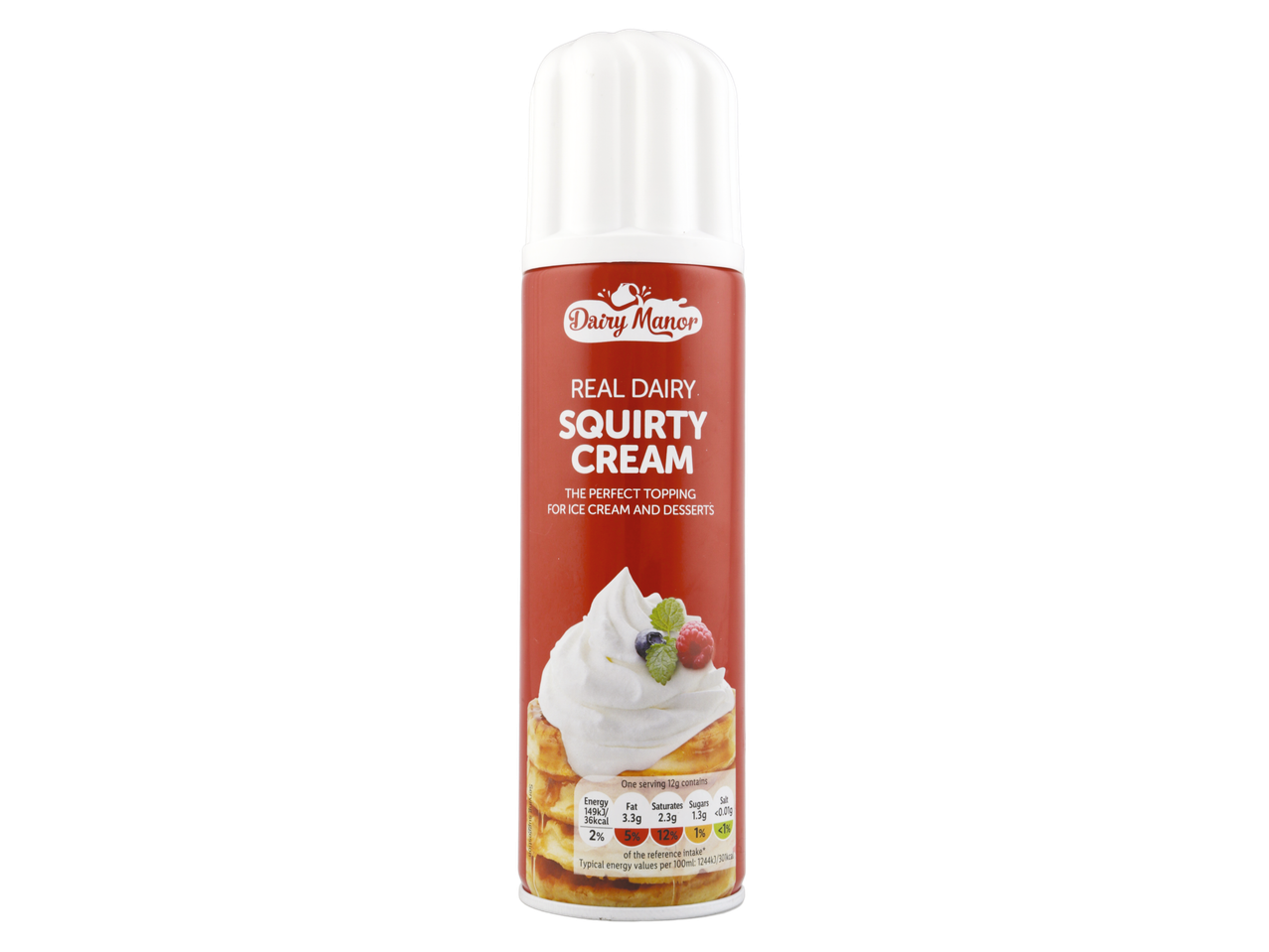 Red can of squirty cream with a dollop of cream and berries on waffles.