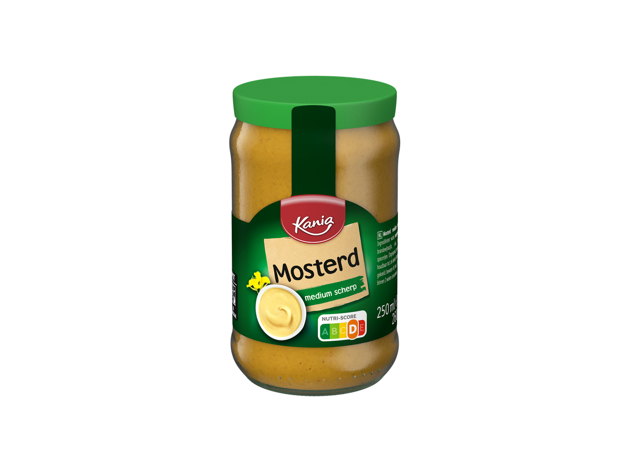 Kania Mosterd pot met groene deksel en etiket, Nutri-Score D.