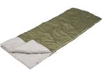 A green sleeping bag with a light-colored lining is shown.