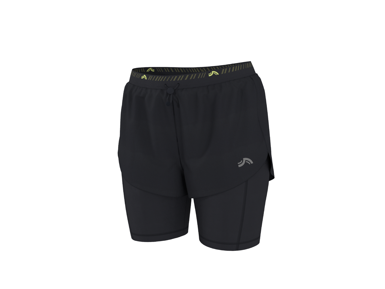Мъжки черни къси панталони за бягане с вграден клин и жълто-зелен колан